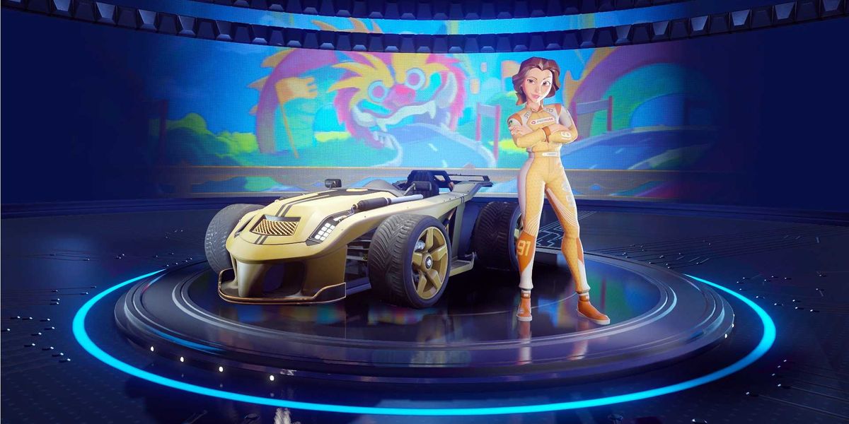 Belle stood in front of a kart in Disney Speedstorm.