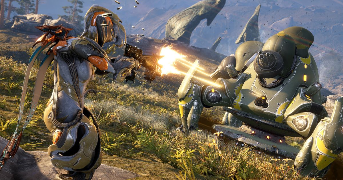 Image of a soldier fighting a robot in Warframe.