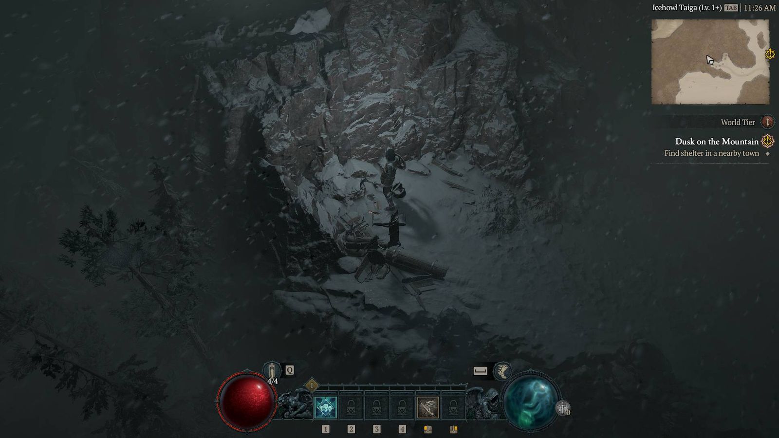 Characters on a snowy cliff edge in Diablo 4.
