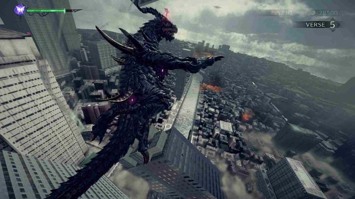 Bayonetta's Demon Slave riding along a falling skyscraper in Bayonetta 3.