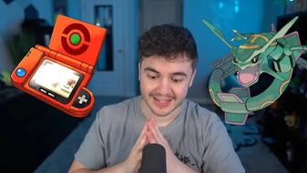 Pokemon Emerald pokedex and rayquaza next to streamer Johnstone for Pokedex challenge