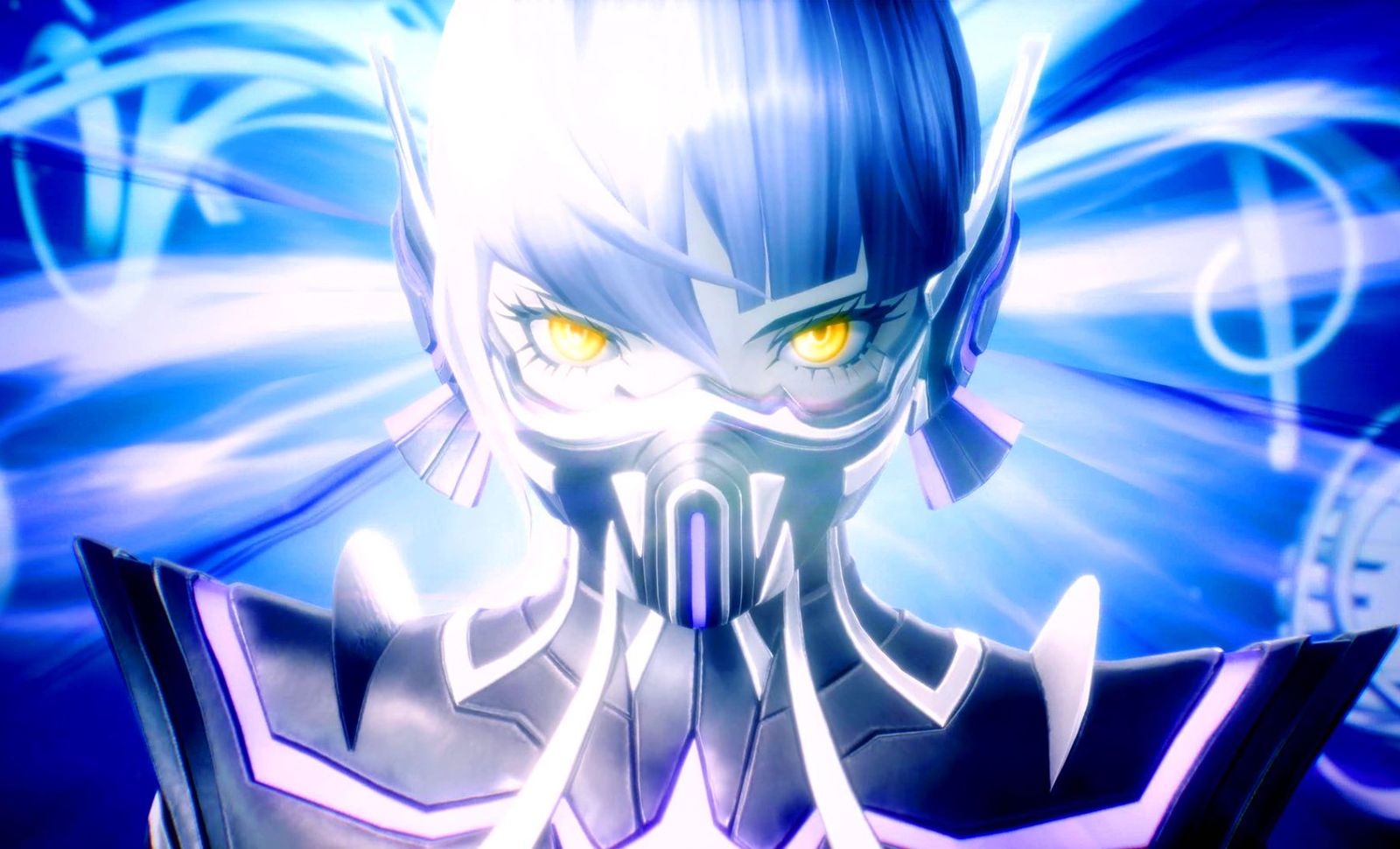 A SMT V: Vengeance close-up of a character with blue hair and orange eyes