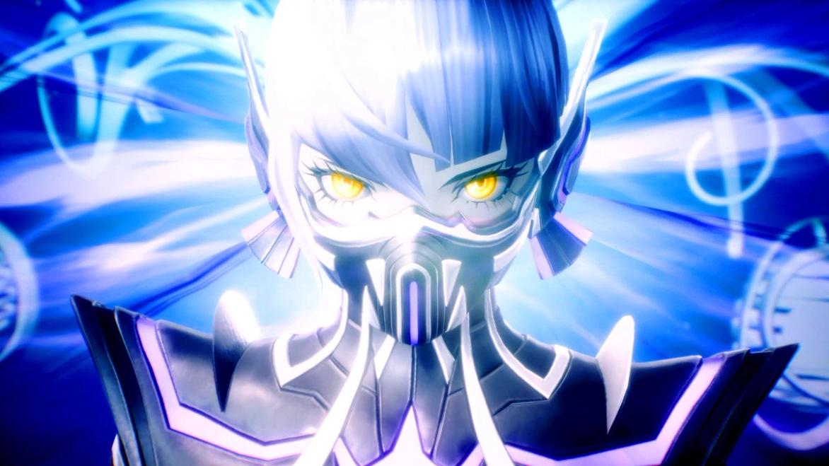 A SMT V: Vengeance close-up of a character with blue hair and orange eyes