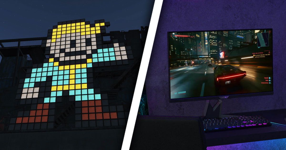 The Fallout Vault Boy made out of small square blocks on one side of a diagonal white line. On the other, a black monitor with a car game on the screen sat on a desk.