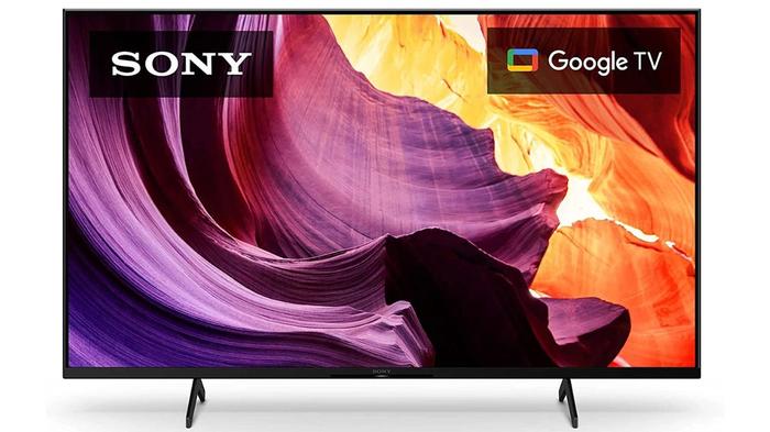 Best cheap TV - Sony KD-43X80K product image of a black TV with a purple and orange image on the display.