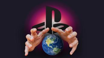 PlayStation logo menacingly reaching toward the planet Earth