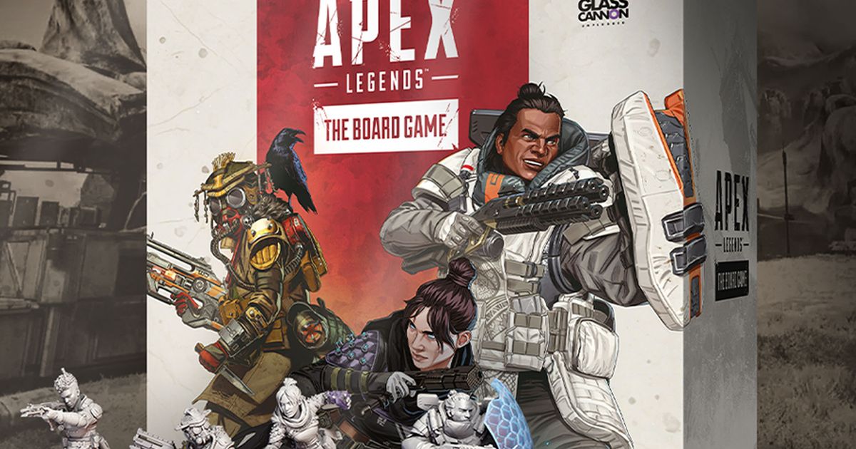 Screenshot of Apex Legends: The Board Game and Legends in front of the box. Figurines of the Legends are in the foreground