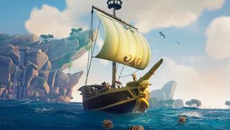 A Sloop in Sea of Thieves, a small ship with it's flag raised as it sails through the sea. There are three wooden barrels floating nearby.