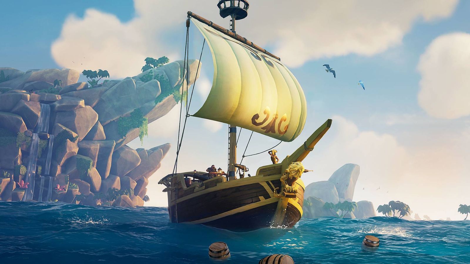 A Sloop in Sea of Thieves, a small ship with it's flag raised as it sails through the sea. There are three wooden barrels floating nearby.