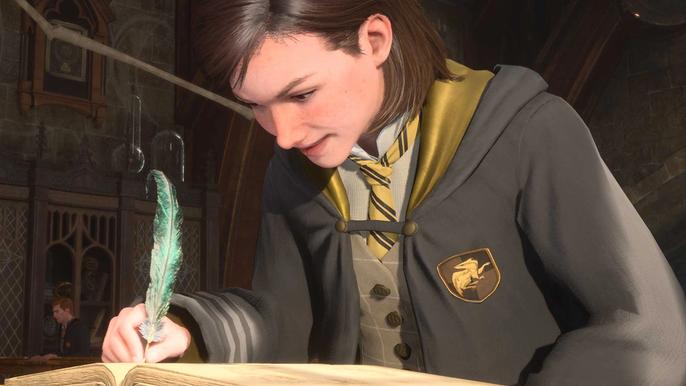 A student writing into a notebook with a quill in Hogwarts Legacy.