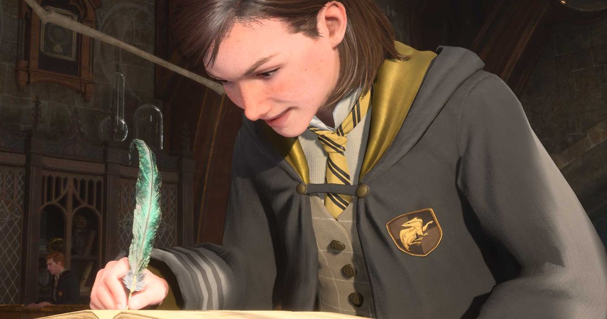The character is writing in a notebook in Hogwarts Legacy.