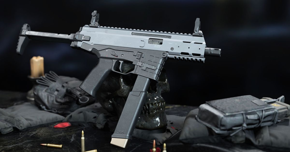 Modern Warfare 2 ISO 9mm SMG on table with skull in background
