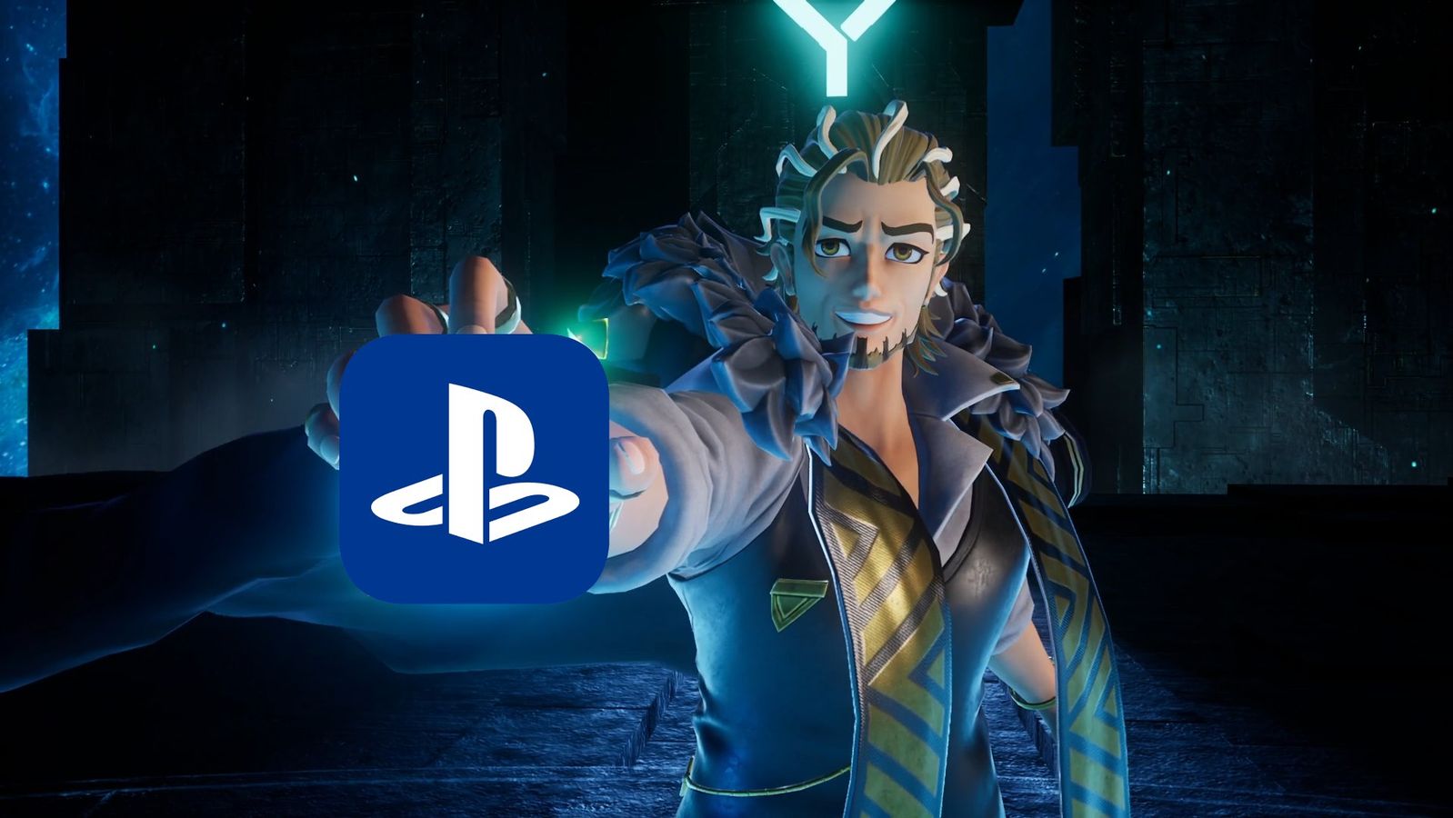 palworld boss holding playstation icon in right hand smiling