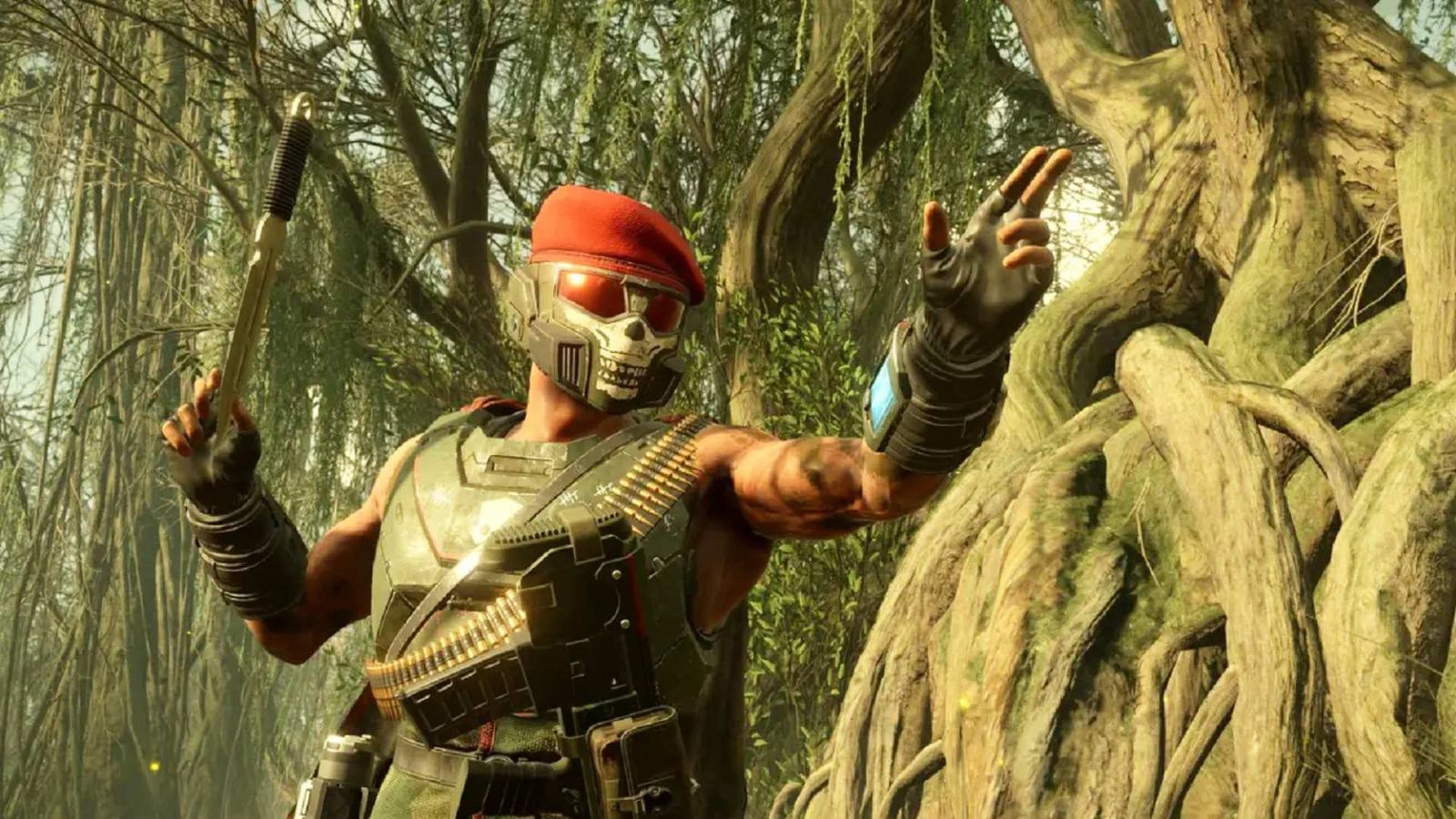 A man in a skull mask is standing next to a tree in Helldivers 2
