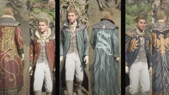 The front and back (respectively) or three of the house token robes in Hogwarts Legacy. From left to right; Gryffindor, Slytherin, and Ravenclaw.