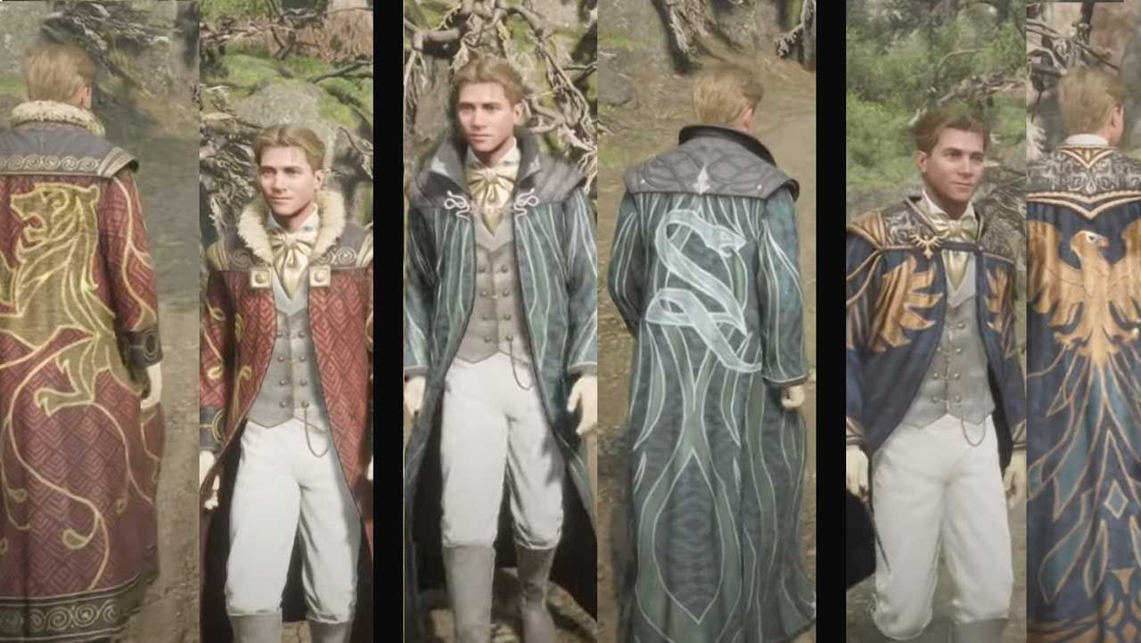 The front and back (respectively) or three of the house token robes in Hogwarts Legacy. From left to right; Gryffindor, Slytherin, and Ravenclaw.