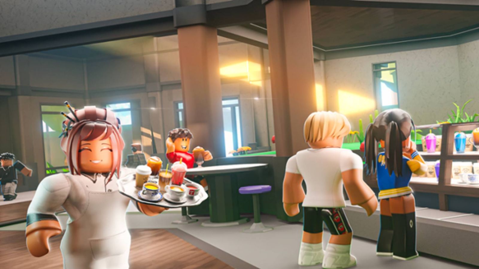 Roblox characters in a cafe in My Coffee Shop.