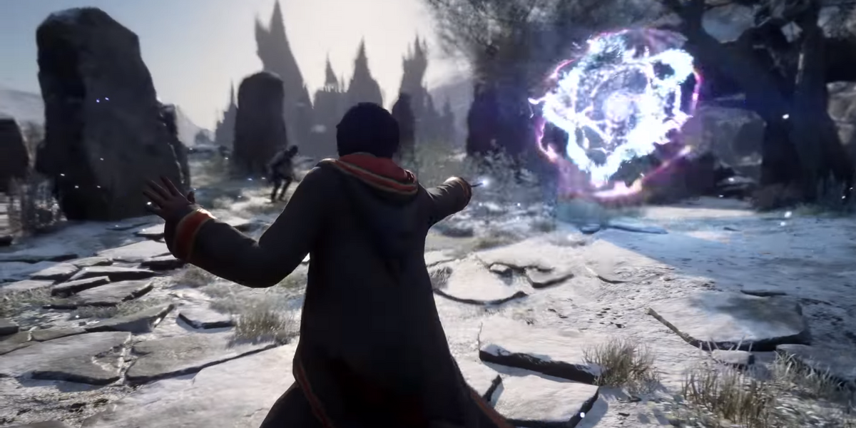 A screenshot of a player casting a spell in Hogwarts Legacy.