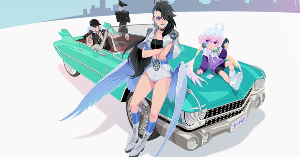 Screenshot from Dislyte, showing four characters hanging around a car