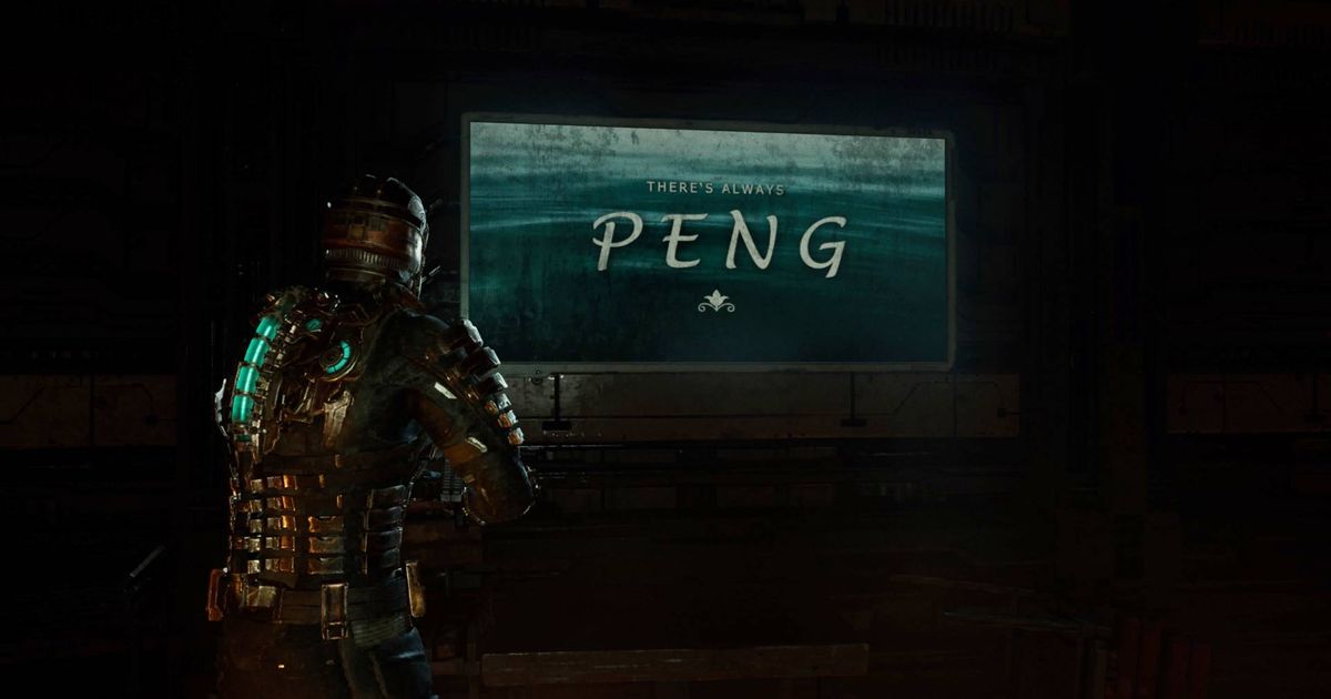 Isaac Clarke looking at a Peng billboard in the Dead Space remake.