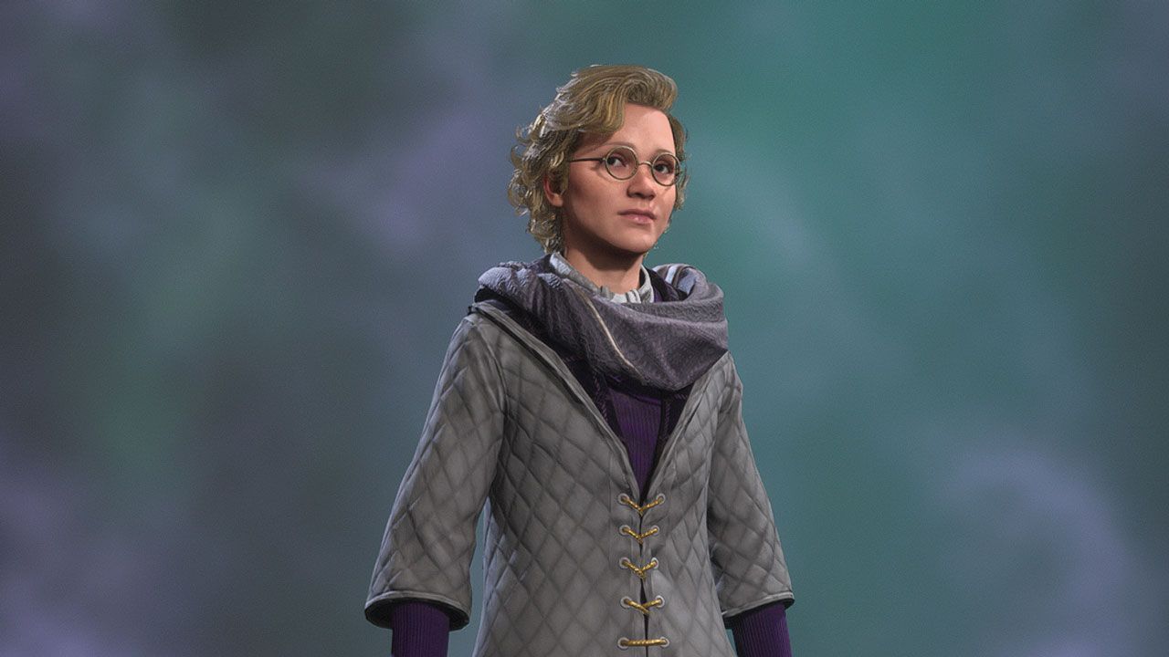 A witch with her robe hood lowered in Hogwarts Legacy.