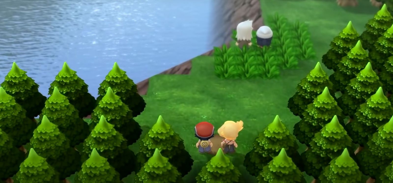 A Pokémon Trainer and their friend, plus Professor Rowan and another Trainer, at Lake Valor in Pokémon Brilliant Diamond and Shining Pearl.