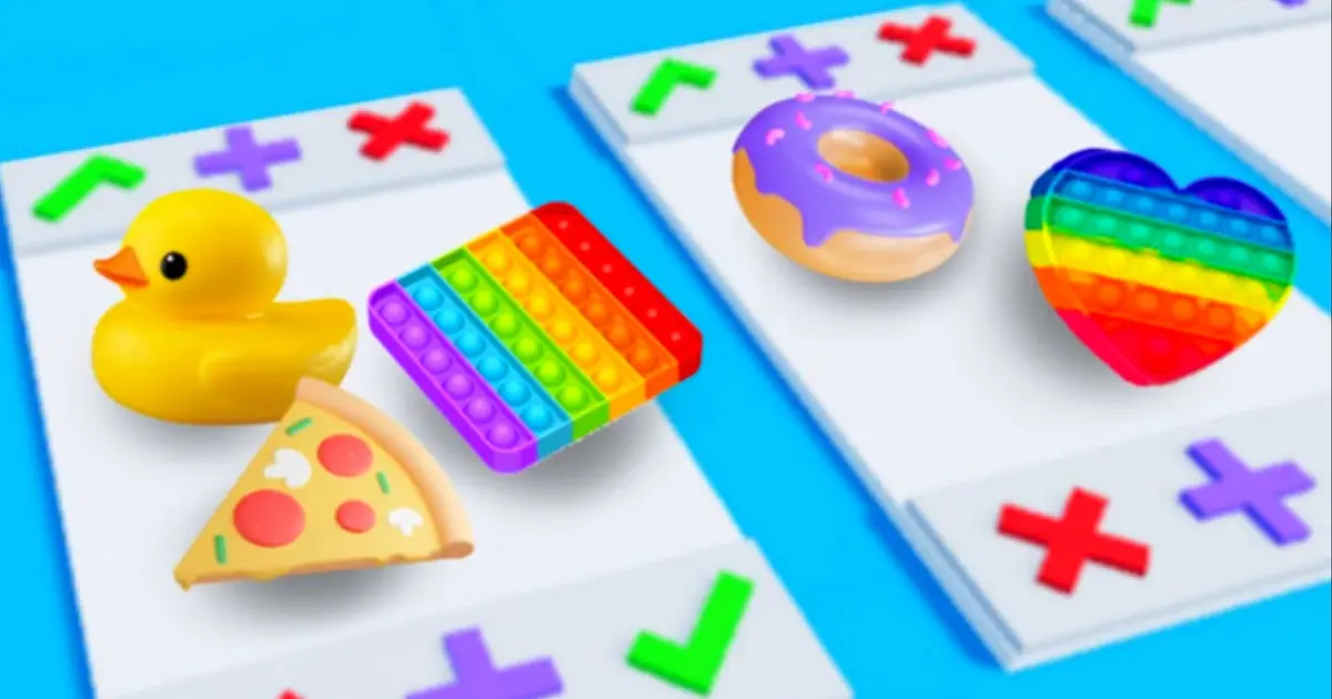 Roblox Pop It Trading thumbnail featuring a pizza slice, rubber duck, and colourful shapes
