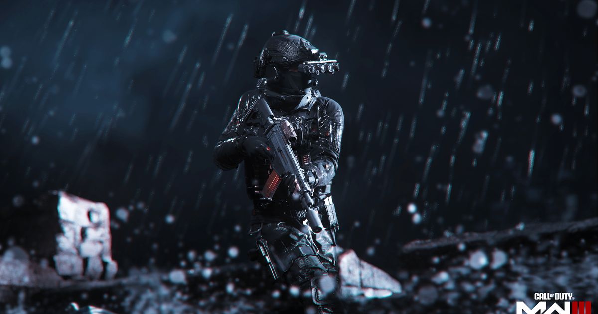 Call of Duty character stood in black tactical gear in the rain, holding a rifle.