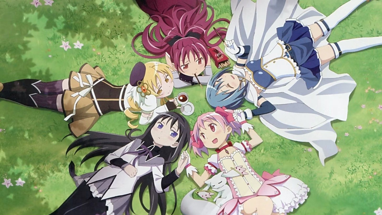 The main cast of Puella Magi Madoka Magica, lying on a grassy field facing the sky