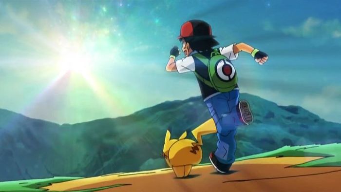 Ash and Pikachu running off into the sunset together