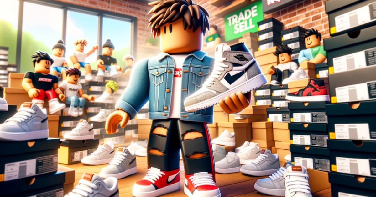 Roblox character surrounded by sneakers