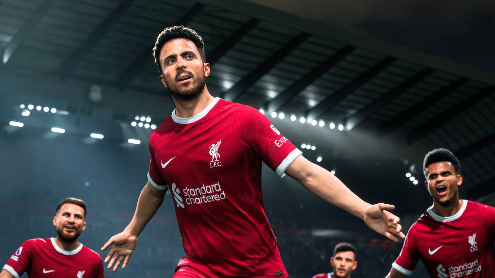 Diogo Jota celebrating with Liverpool players in EA Sports FC 24.