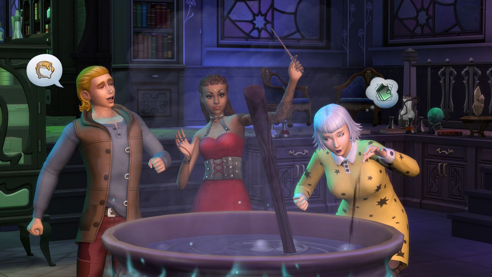 Sims gathered around a cauldron