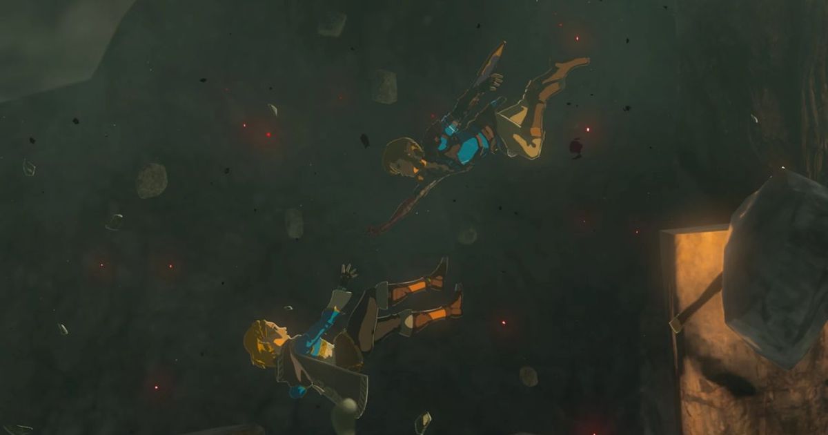 Two characters are falling down in Zelda Tears of the Kingdom.