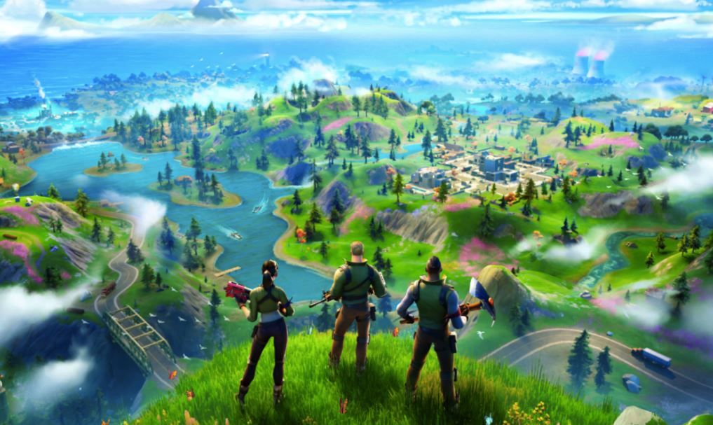 Three people stood looking out across a lovely valley in Fortnite