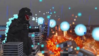Minecraft Godzilla using his atomic breath to destroy a building 