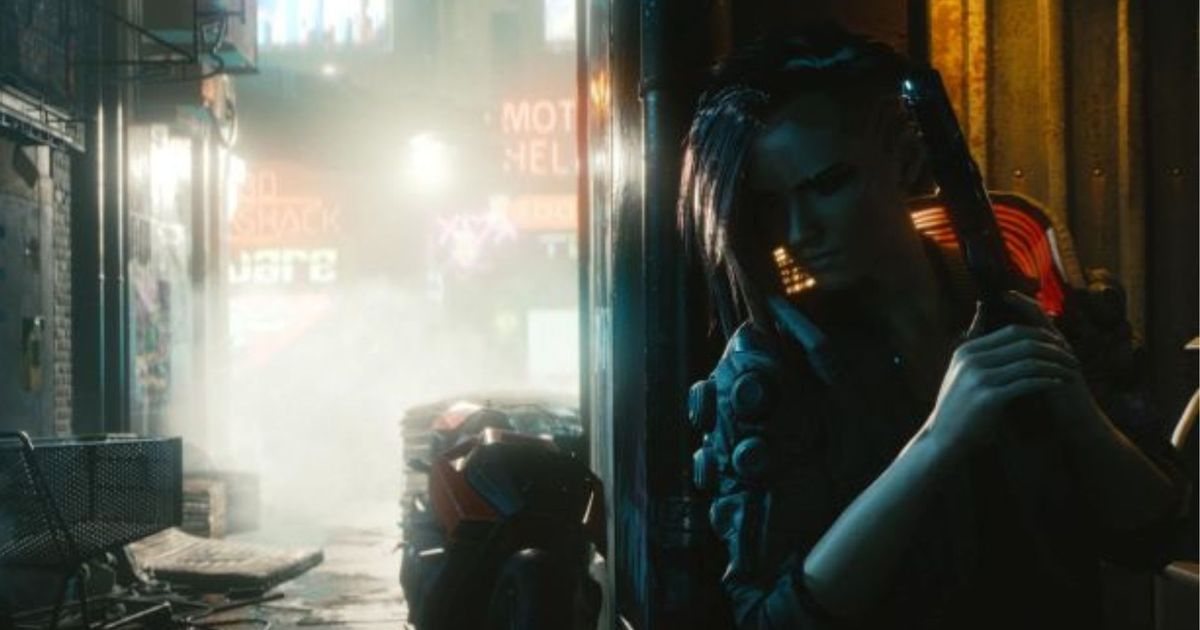 Cyberpunk 2077 character holding a lethal weapon and hiding just behind a corner 
