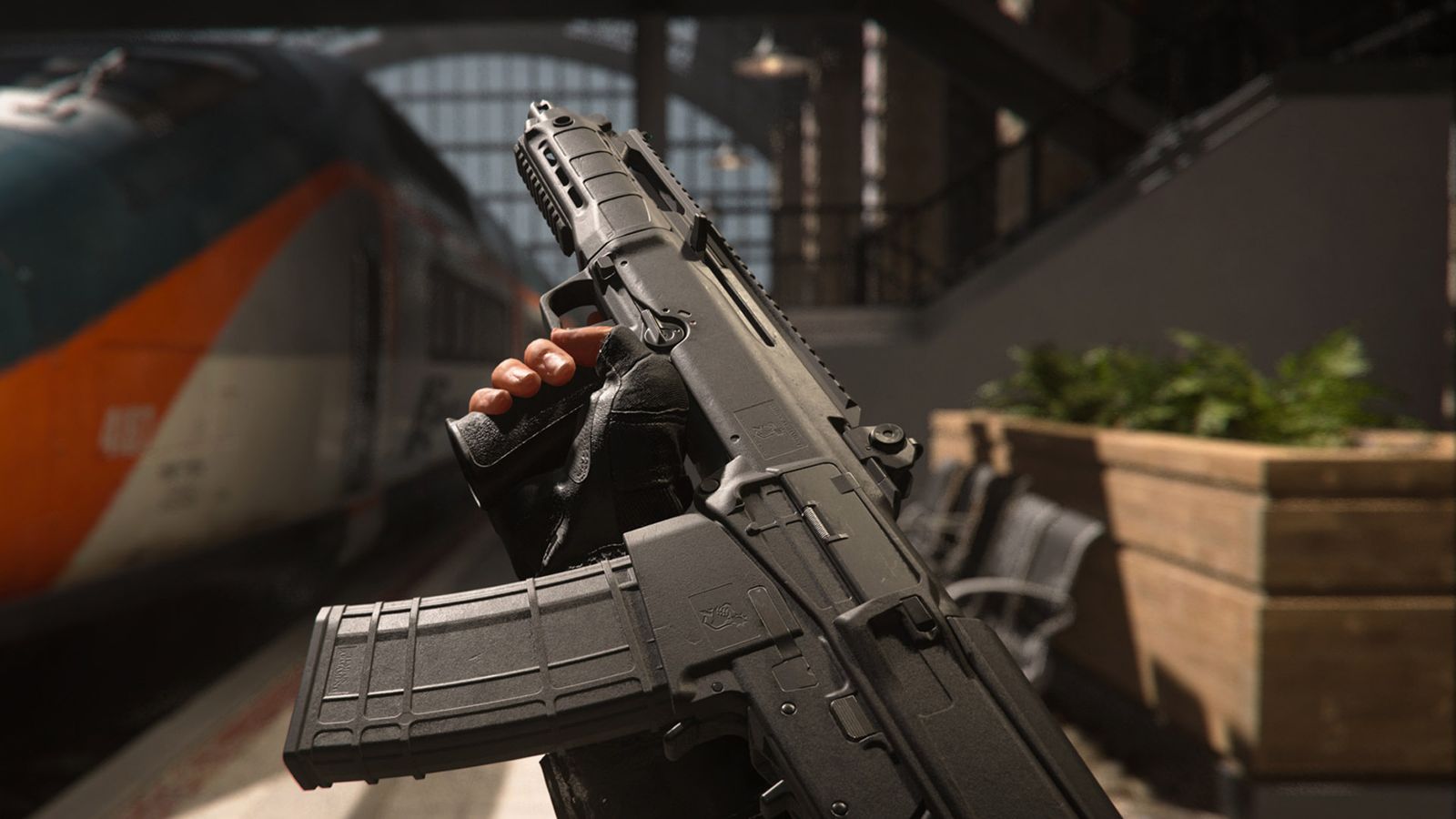 Screenshot of Tempus Razorback assault rifle being held by Call of Duty player next to a train