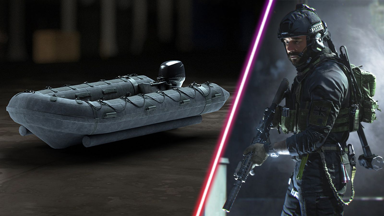 Warzone RHIB boat and Captain Price pointing gun to ground