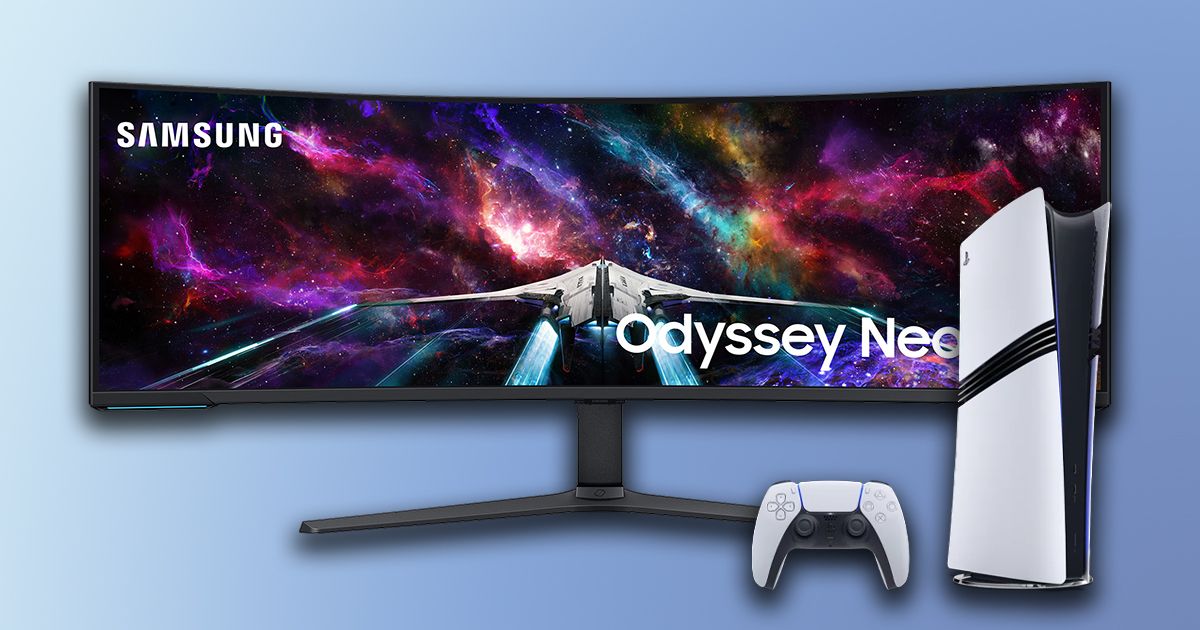 An ultrawide Samsung monitor with a spaceship on the display with a white and black PS5 Pro and DualSense controller in front of it.