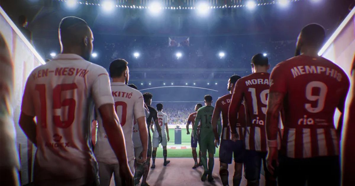 EA Sports FC 24 players lining up in stadium tunnel