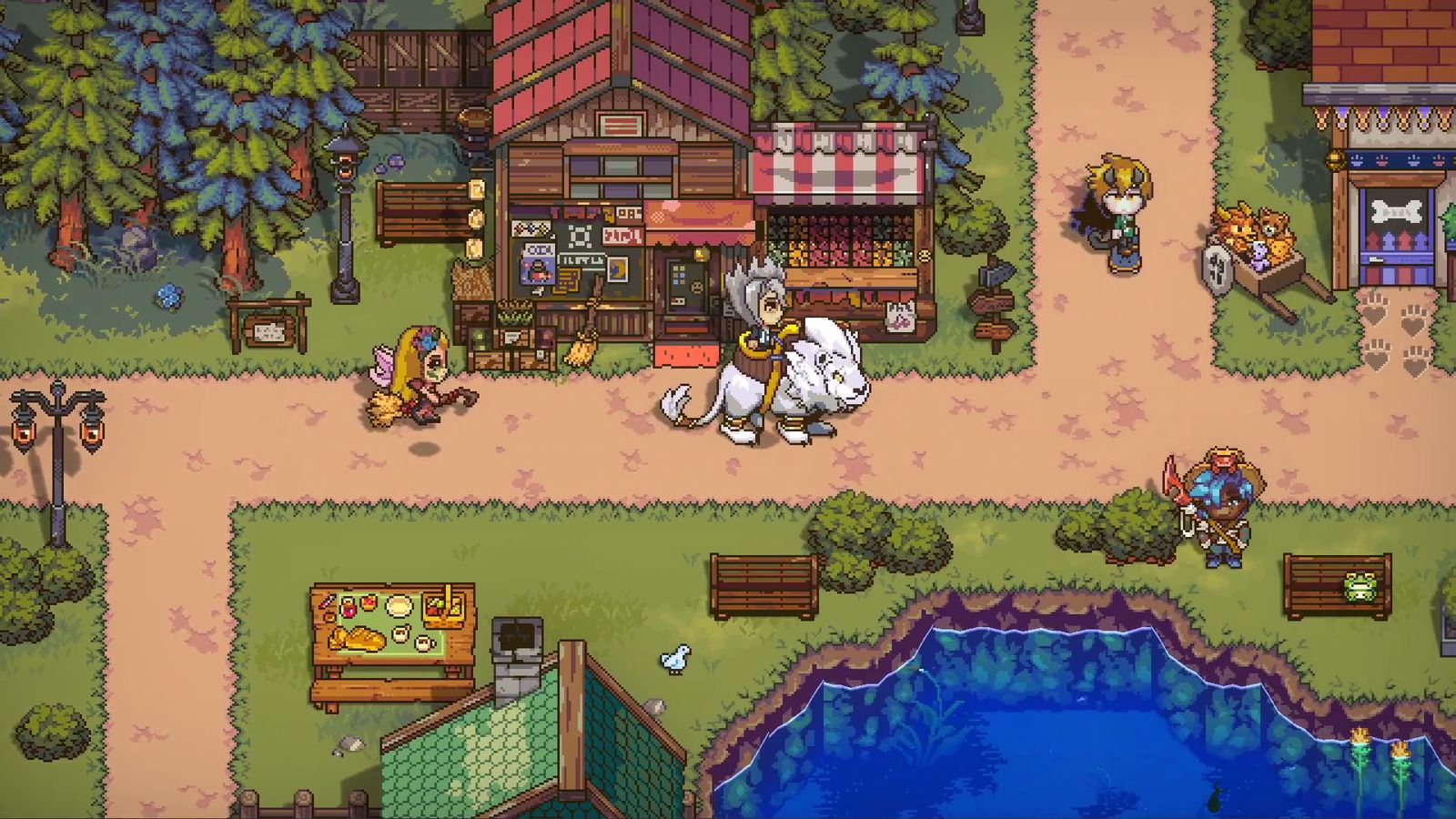 In-game image from Sun Haven of a character riding a white lion through a town.