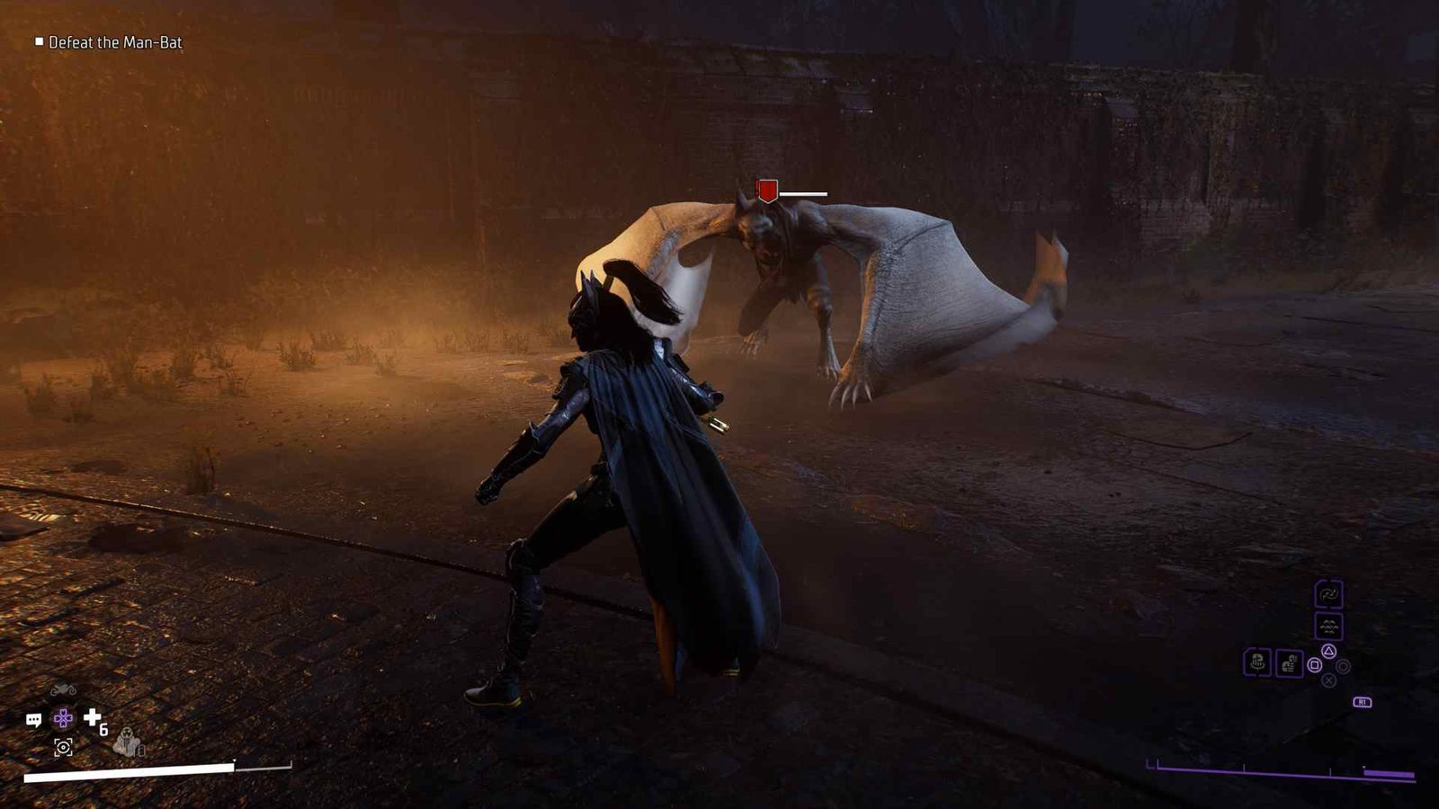Batgirl fighting Man-Bat outside Arkham Asylum in Gotham Knights.