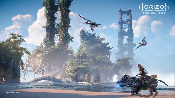 <img src="forbiddenwest.jpg" alt="Aloy is riding a mechanical horse on a beach with the golden gate bridge in the background">