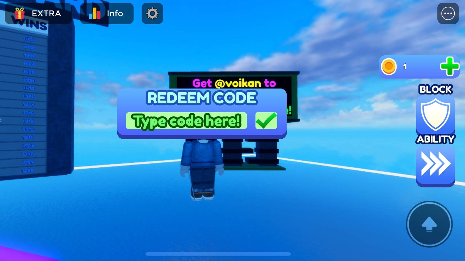 The code redemption page in Blade Ball on Roblox.
