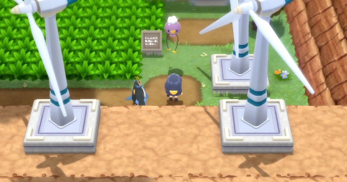 A Pokémon Trainer and their Empoleon stood outside of Valley Windworks facing Drifloon in Pokémon Brilliant Diamond and Shining Pearl.