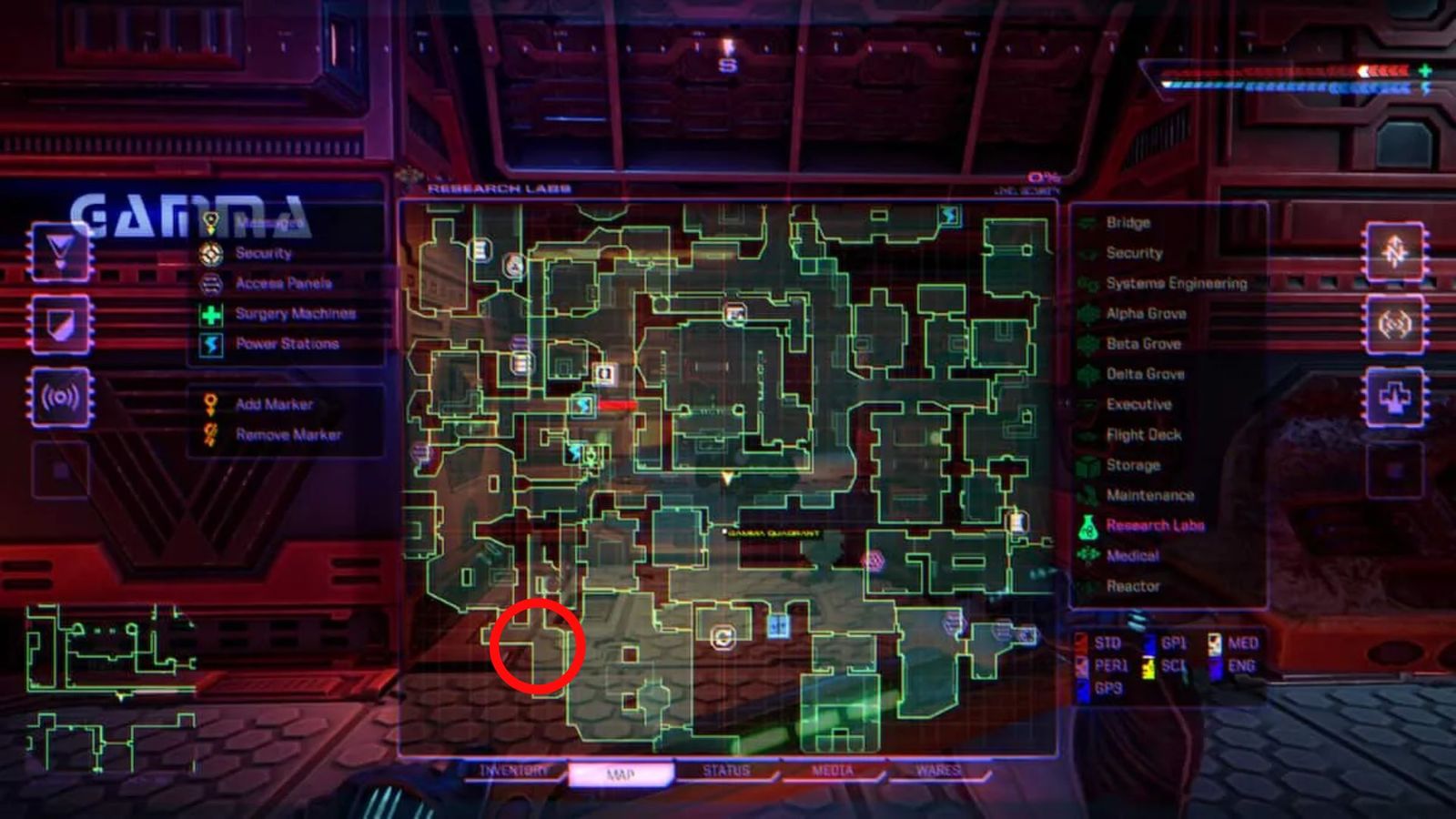 A screenshot of the USB stick location on themap in System Shock Remake.