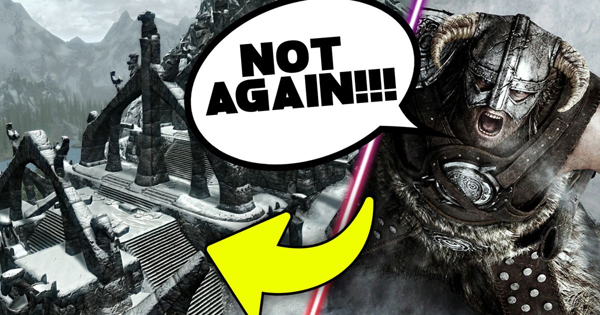 Image of the Dragonborn saying 'Not Again' and an arrow pointing to Bleak Falls Barrow.