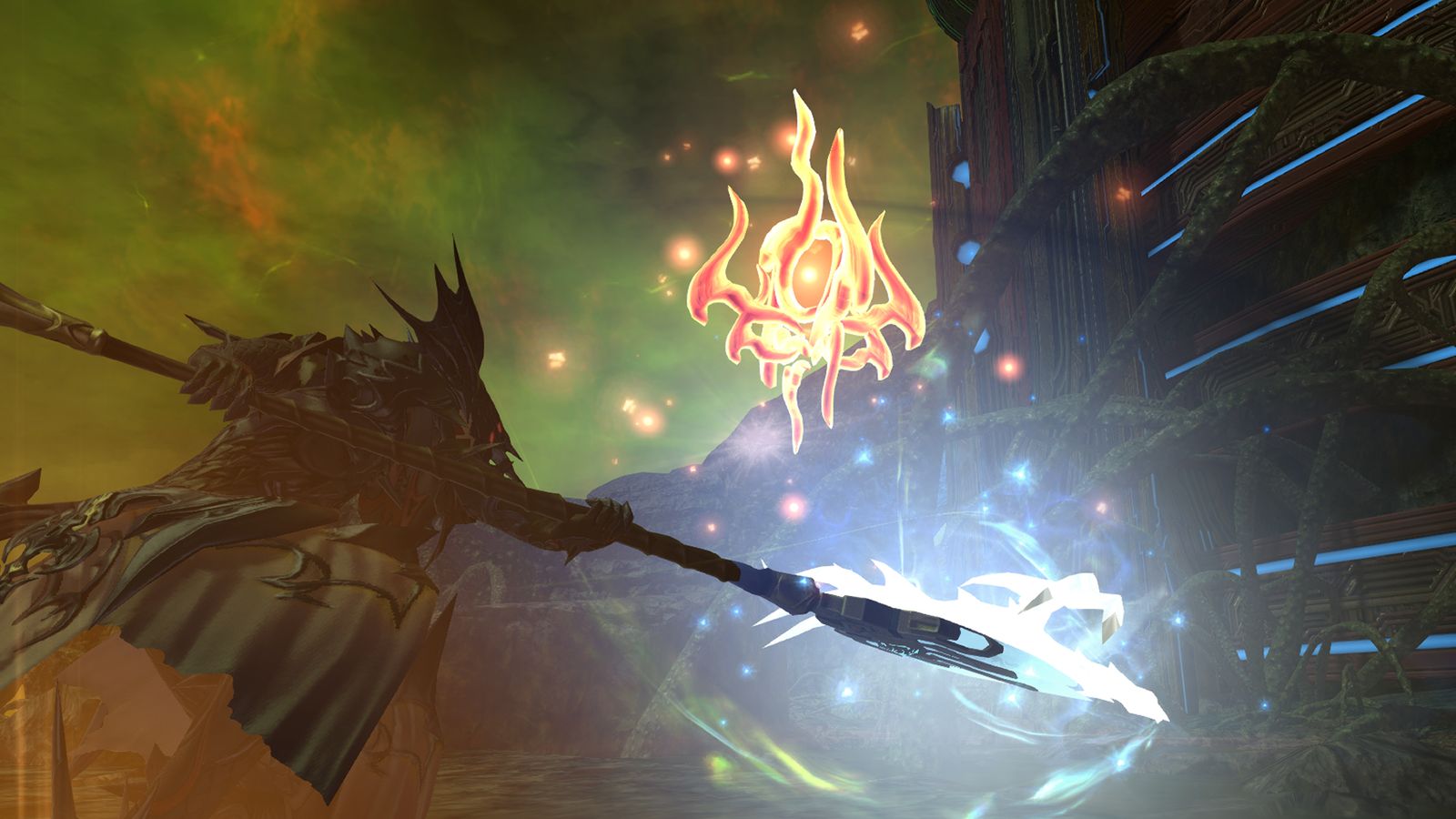 An image of a Dragoon from Final Fantasy XIV doing battle with his Anima Lux Relic Weapon from Heavensward, against an elemental fire sprite. 