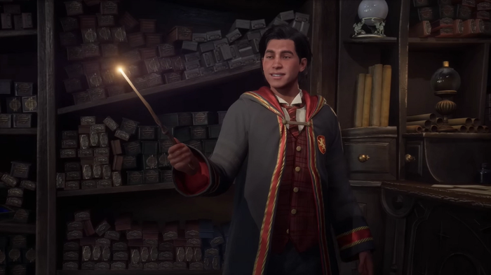 A screenshot of a player in Hogwarts Legacy holding up their wand.